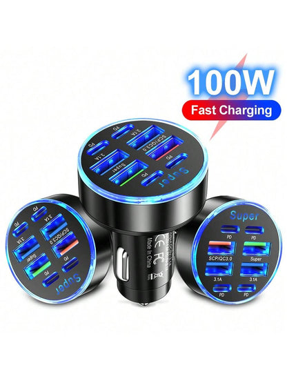 8Ports Universal Super Fast Charging Conversion Plug Multifunctional Mobile Phone Car Charger 4 USB 4 PD Car Charger For IPhone 15 Pro Max 14 Plus 13 12 11