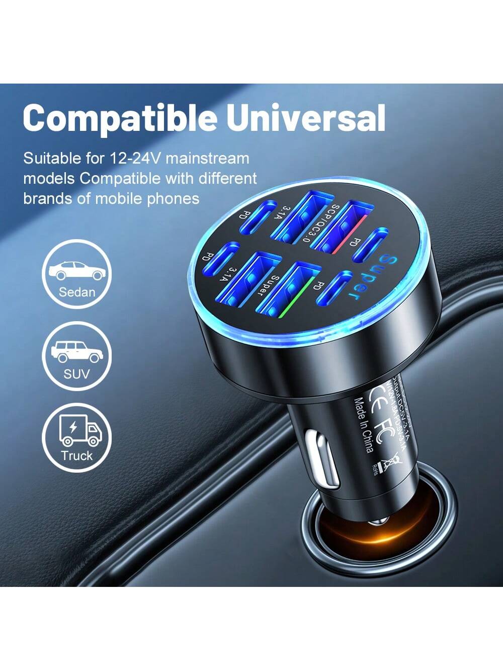 8Ports Universal Super Fast Charging Conversion Plug Multifunctional Mobile Phone Car Charger 4 USB 4 PD Car Charger For IPhone 15 Pro Max 14 Plus 13 12 11