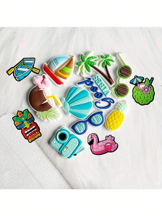 9/13/14pcs Tropical Beach Themed PVC Bag Charms, Pendants, Shoe Decorations| 14pcs Marine Life Decor Accessories| PVC Material| Detachable DIY| Shoe Decoration Accessories| Summer Gift| Creative