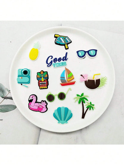 9/13/14pcs Tropical Beach Themed PVC Bag Charms, Pendants, Shoe Decorations| 14pcs Marine Life Decor Accessories| PVC Material| Detachable DIY| Shoe Decoration Accessories| Summer Gift| Creative