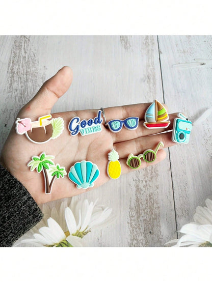 9/13/14pcs Tropical Beach Themed PVC Bag Charms, Pendants, Shoe Decorations| 14pcs Marine Life Decor Accessories| PVC Material| Detachable DIY| Shoe Decoration Accessories| Summer Gift| Creative