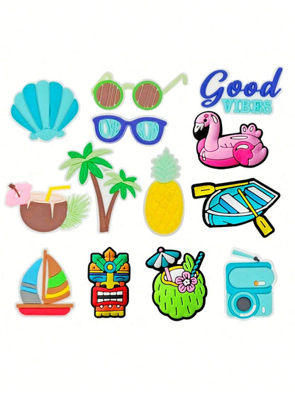 9/13/14pcs Tropical Beach Themed PVC Bag Charms, Pendants, Shoe Decorations| 14pcs Marine Life Decor Accessories| PVC Material| Detachable DIY| Shoe Decoration Accessories| Summer Gift| Creative