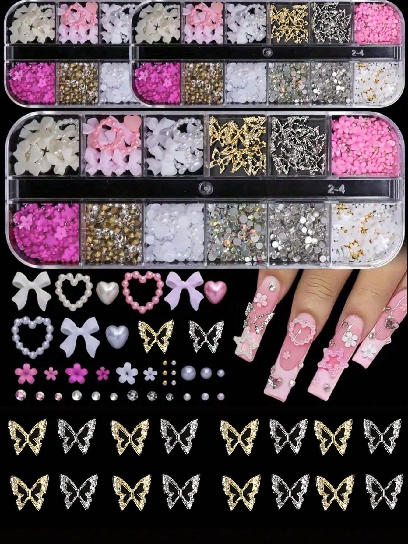 95pcs Y2K 3D Nail Art Decoration Set, Includes Rhinestones, Faux Pearls, Rhinestones: 20pcs Thick Butterfly Decor, Sexy Bow Decor, Heart Decor And 3D Flower Decor, Suitable For Y2K Nail Art Decoration