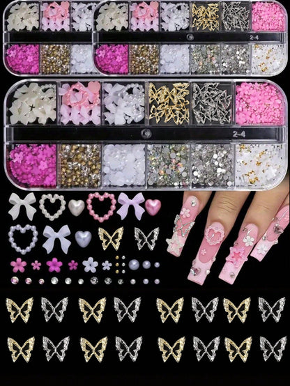 95pcs Y2K 3D Nail Art Decoration Set, Includes Rhinestones, Faux Pearls, Rhinestones: 20pcs Thick Butterfly Decor, Sexy Bow Decor, Heart Decor And 3D Flower Decor, Suitable For Y2K Nail Art Decoration