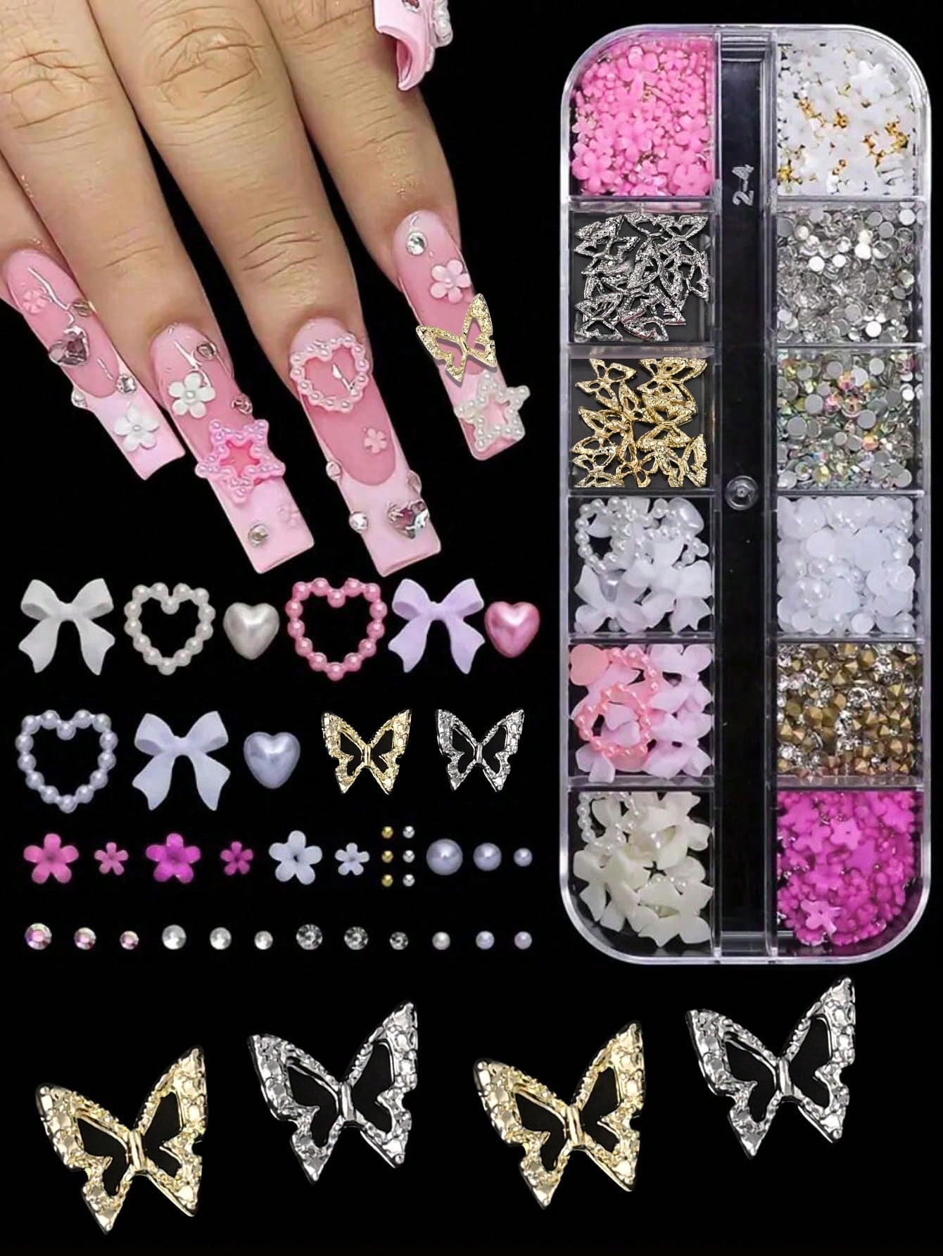 95pcs Y2K 3D Nail Art Decoration Set, Includes Rhinestones, Faux Pearls, Rhinestones: 20pcs Thick Butterfly Decor, Sexy Bow Decor, Heart Decor And 3D Flower Decor, Suitable For Y2K Nail Art Decoration
