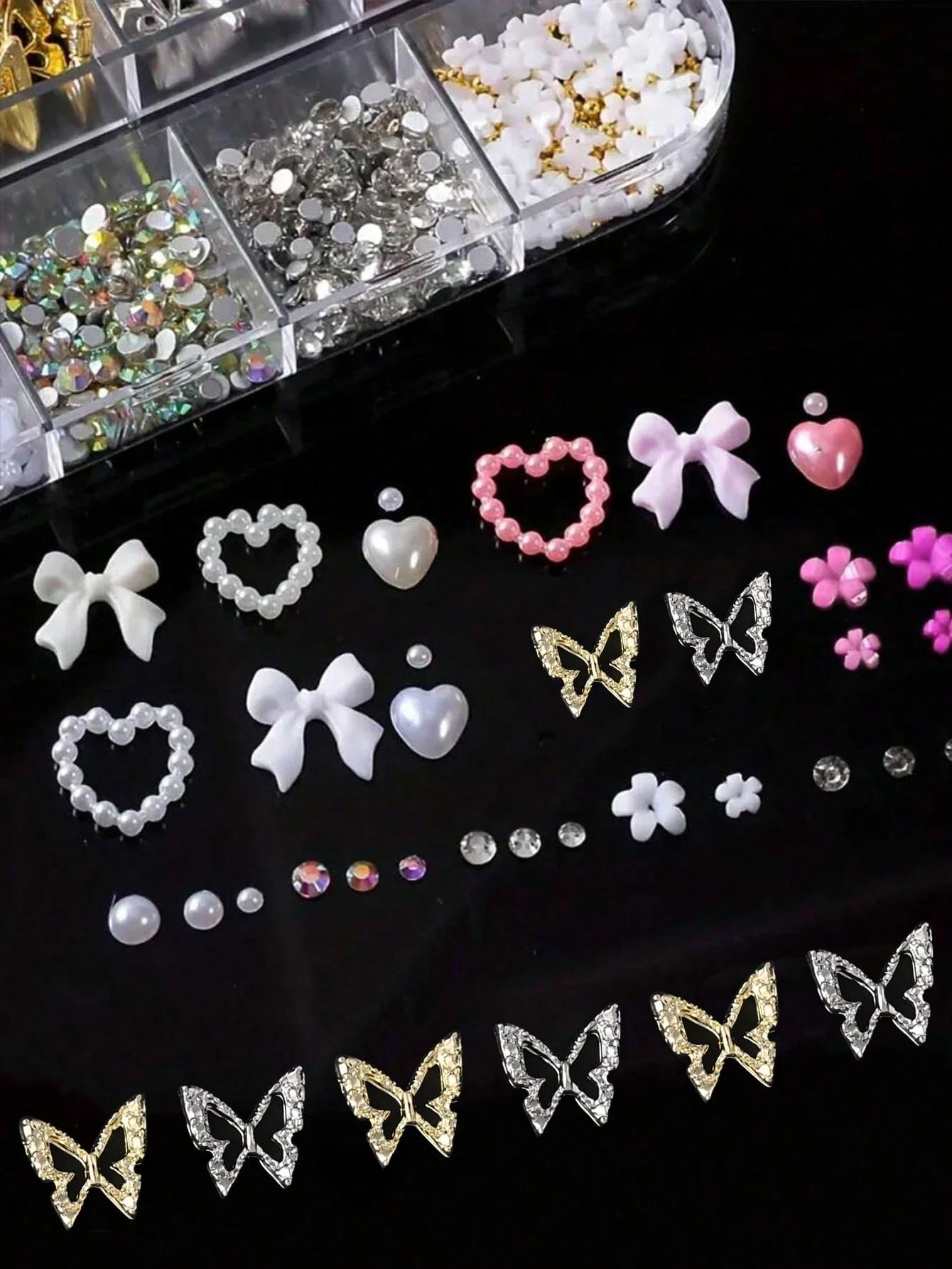 95pcs Y2K 3D Nail Art Decoration Set, Includes Rhinestones, Faux Pearls, Rhinestones: 20pcs Thick Butterfly Decor, Sexy Bow Decor, Heart Decor And 3D Flower Decor, Suitable For Y2K Nail Art Decoration