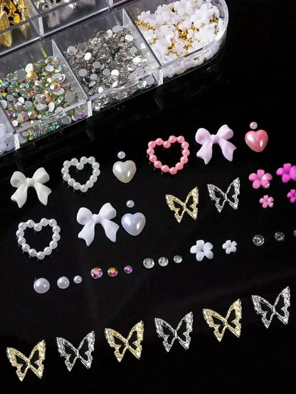 95pcs Y2K 3D Nail Art Decoration Set, Includes Rhinestones, Faux Pearls, Rhinestones: 20pcs Thick Butterfly Decor, Sexy Bow Decor, Heart Decor And 3D Flower Decor, Suitable For Y2K Nail Art Decoration
