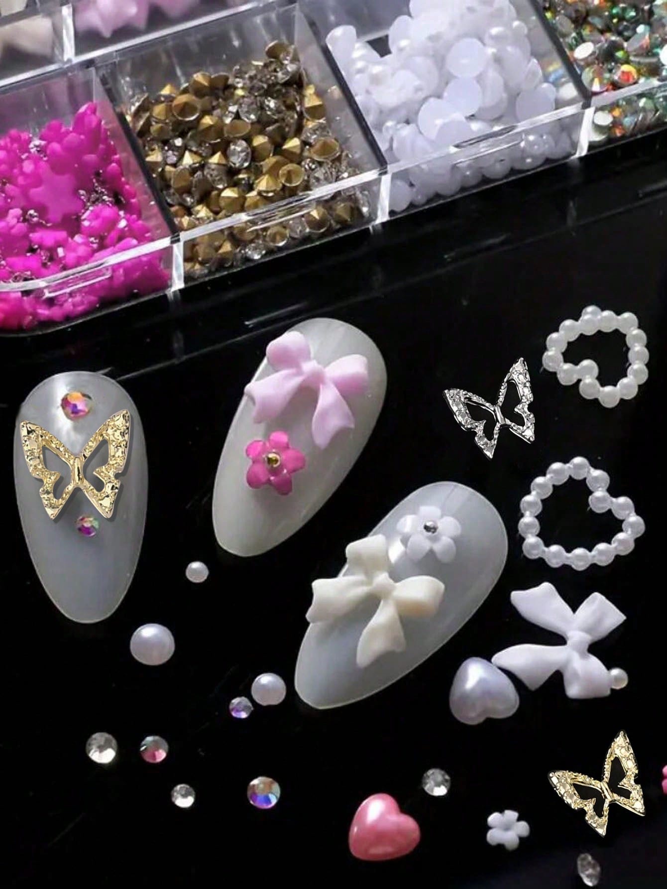 95pcs Y2K 3D Nail Art Decoration Set, Includes Rhinestones, Faux Pearls, Rhinestones: 20pcs Thick Butterfly Decor, Sexy Bow Decor, Heart Decor And 3D Flower Decor, Suitable For Y2K Nail Art Decoration