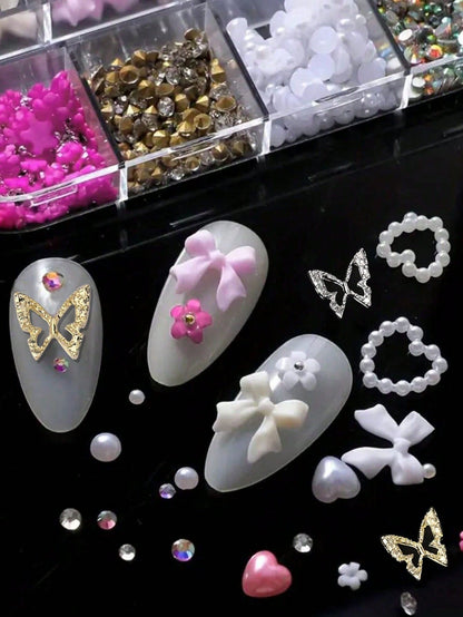 95pcs Y2K 3D Nail Art Decoration Set, Includes Rhinestones, Faux Pearls, Rhinestones: 20pcs Thick Butterfly Decor, Sexy Bow Decor, Heart Decor And 3D Flower Decor, Suitable For Y2K Nail Art Decoration