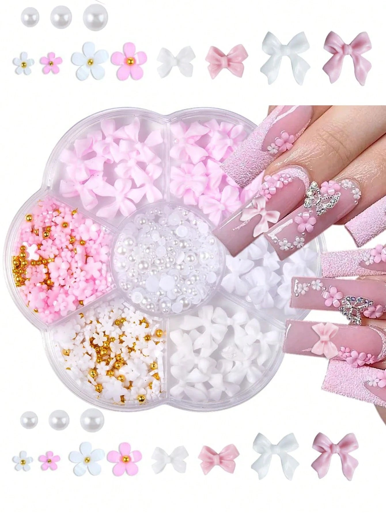 95pcs Y2K 3D Nail Art Decoration Set, Includes Rhinestones, Faux Pearls, Rhinestones: 20pcs Thick Butterfly Decor, Sexy Bow Decor, Heart Decor And 3D Flower Decor, Suitable For Y2K Nail Art Decoration