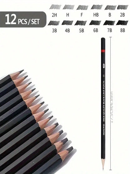 A Set Of 12 Sketching Pencils 2H HF HB B 2B-8B Cork Hexagonal Bar Sketching Pencils,Back To School,School Supplies