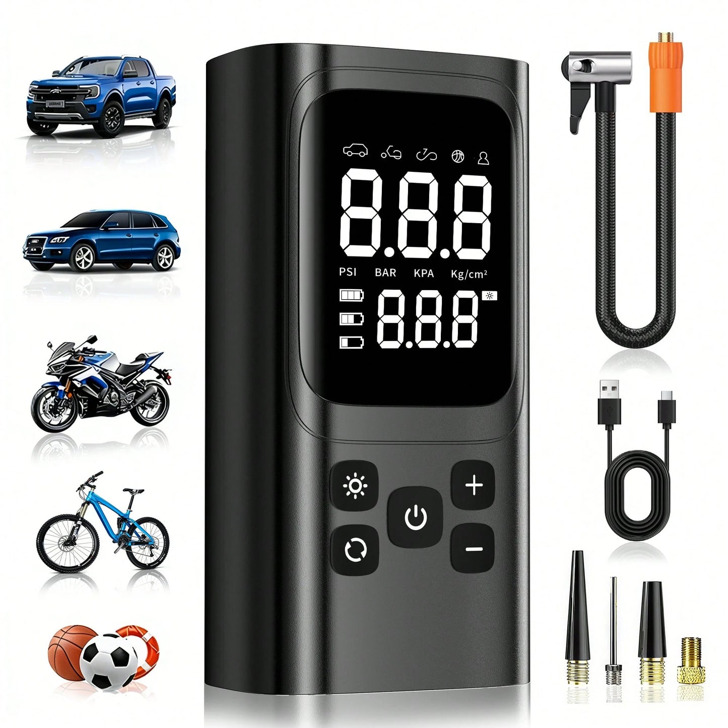 A Tire Inflator Portable Air Compressor, 150 PSI Cordless Mini Air Bike Auto Shut-Off Pump With Digital Display Pressure Gauge, Fast Inflation & LED Light For Car Tires, Motorcycles, Bikes, Balls