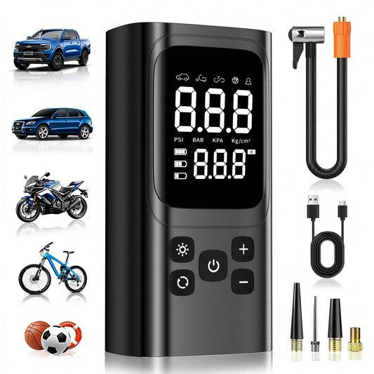A Tire Inflator Portable Air Compressor, 150 PSI Cordless Mini Air Bike Auto Shut-Off Pump With Digital Display Pressure Gauge, Fast Inflation & LED Light For Car Tires, Motorcycles, Bikes, Balls