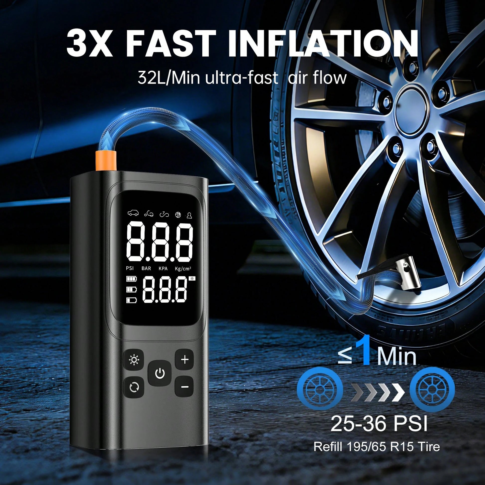 A Tire Inflator Portable Air Compressor, 150 PSI Cordless Mini Air Bike Auto Shut-Off Pump With Digital Display Pressure Gauge, Fast Inflation & LED Light For Car Tires, Motorcycles, Bikes, Balls