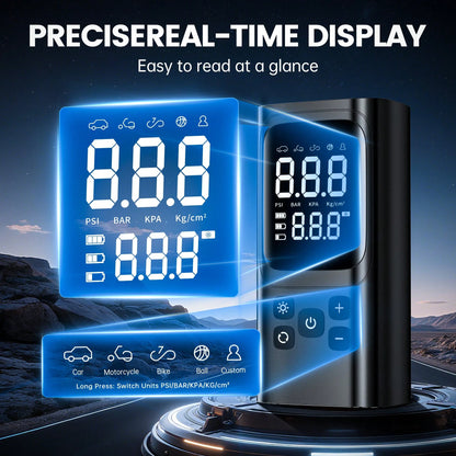 A Tire Inflator Portable Air Compressor, 150 PSI Cordless Mini Air Bike Auto Shut-Off Pump With Digital Display Pressure Gauge, Fast Inflation & LED Light For Car Tires, Motorcycles, Bikes, Balls