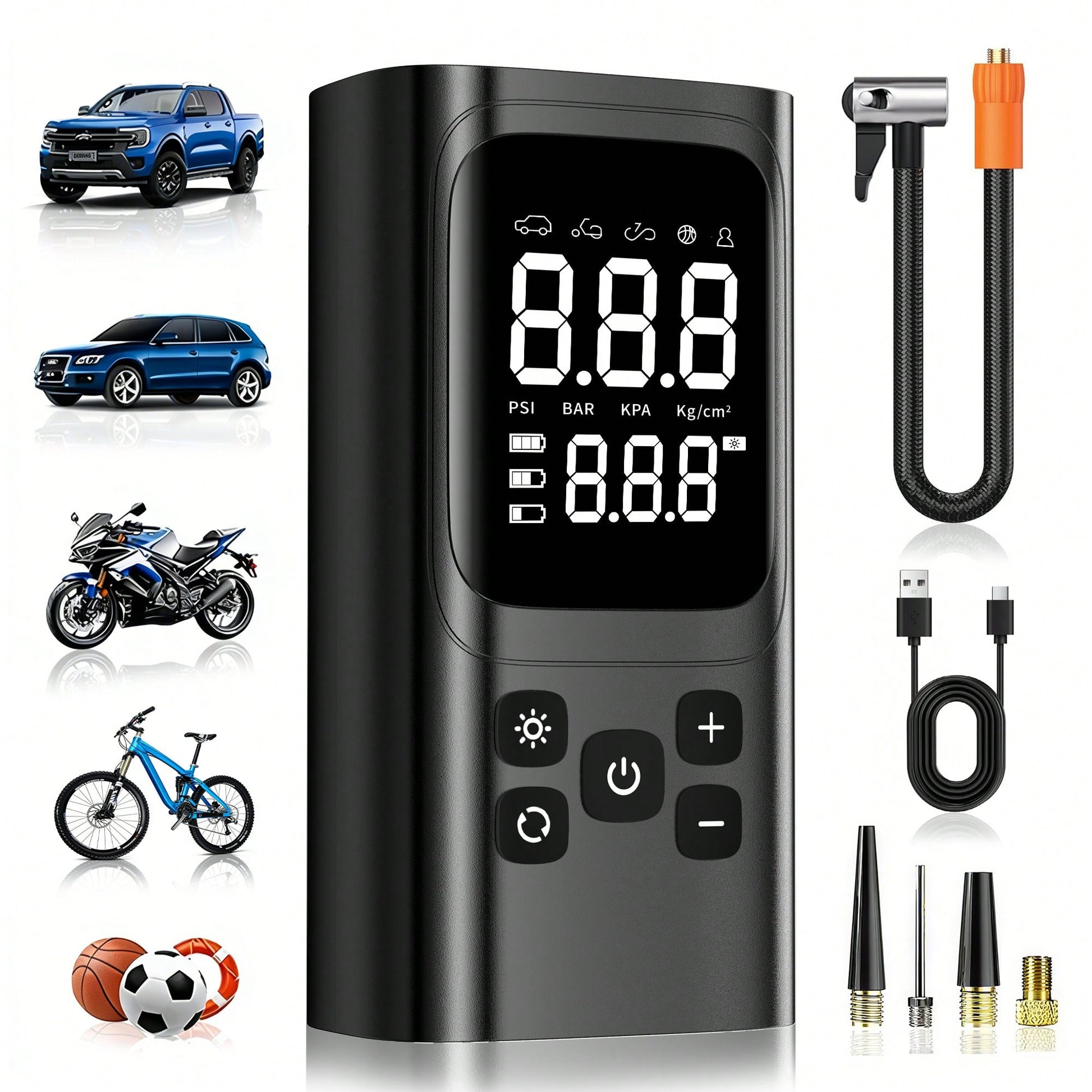 A Tire Inflator Portable Air Compressor, 150 PSI Cordless Mini Air Bike Auto Shut-Off Pump With Digital Display Pressure Gauge, Fast Inflation & LED Light For Car Tires, Motorcycles, Bikes, Balls