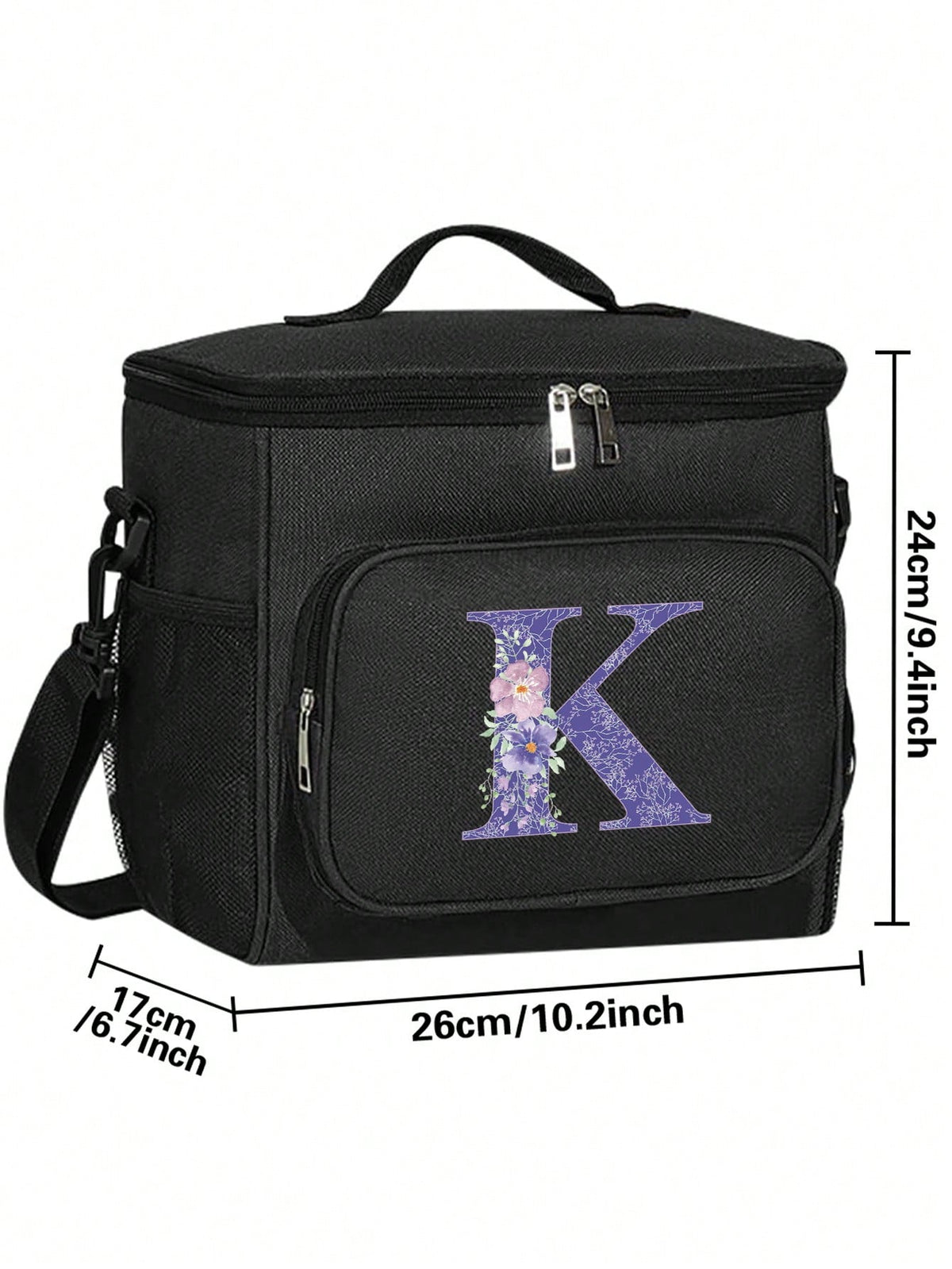 A-Z Initial Floral Print Canvas Insulated Lunch Bag, Large Capacity Shoulder Tote Bag For Women, Suitable For Office, School, Picnic, Camping, Travel, Lunch Box, Stationery Accessories