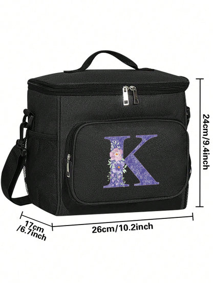 A-Z Initial Floral Print Canvas Insulated Lunch Bag, Large Capacity Shoulder Tote Bag For Women, Suitable For Office, School, Picnic, Camping, Travel, Lunch Box, Stationery Accessories