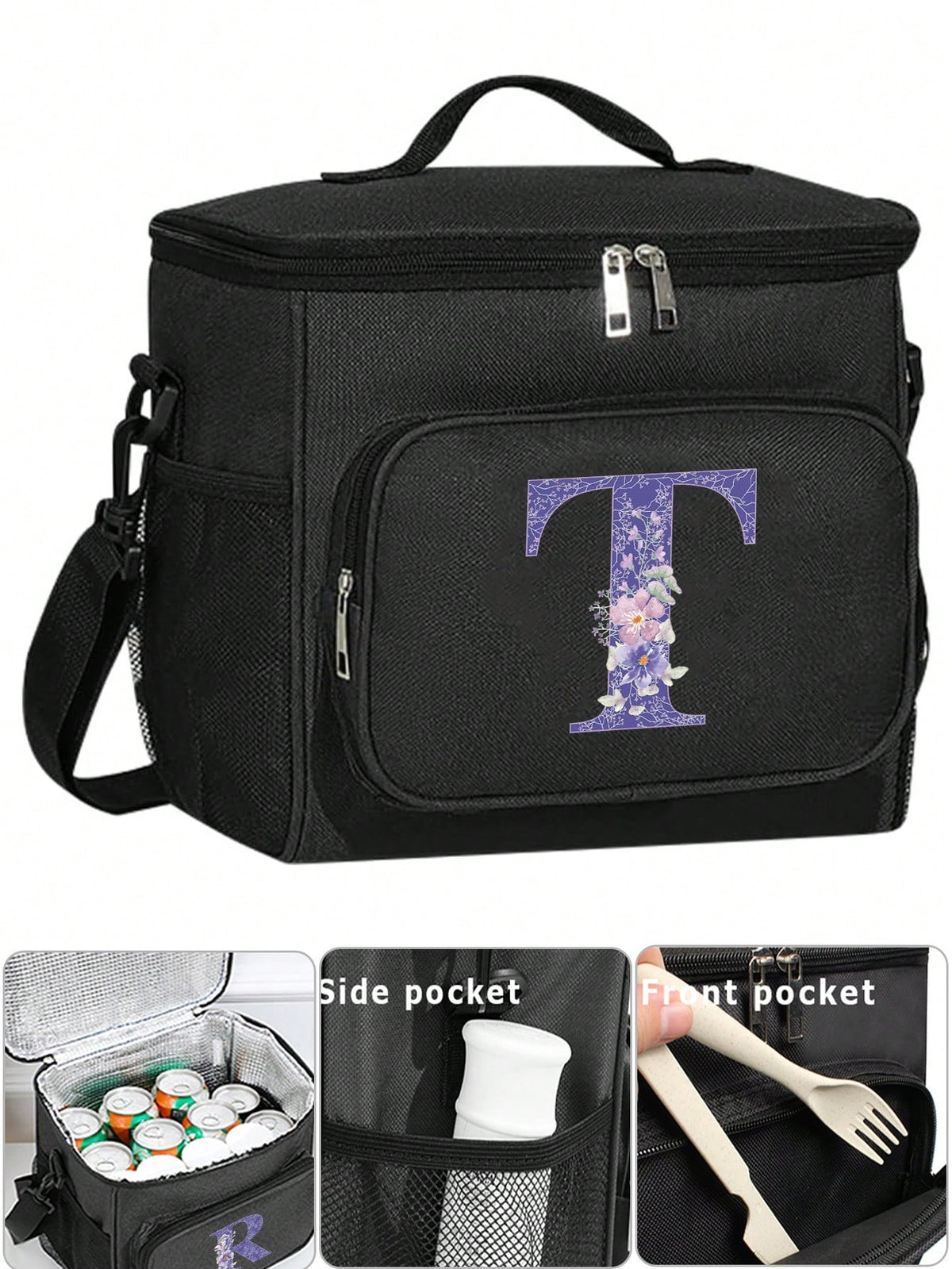 A-Z Initial Floral Print Canvas Insulated Lunch Bag, Large Capacity Shoulder Tote Bag For Women, Suitable For Office, School, Picnic, Camping, Travel, Lunch Box, Stationery Accessories