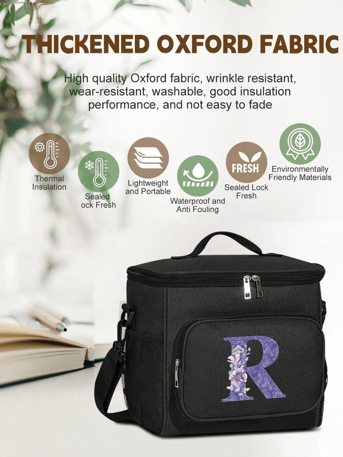 A-Z Initial Floral Print Canvas Insulated Lunch Bag, Large Capacity Shoulder Tote Bag For Women, Suitable For Office, School, Picnic, Camping, Travel, Lunch Box, Stationery Accessories