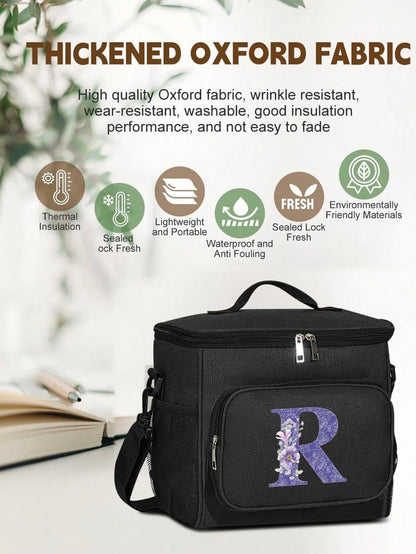 A-Z Initial Floral Print Canvas Insulated Lunch Bag, Large Capacity Shoulder Tote Bag For Women, Suitable For Office, School, Picnic, Camping, Travel, Lunch Box, Stationery Accessories