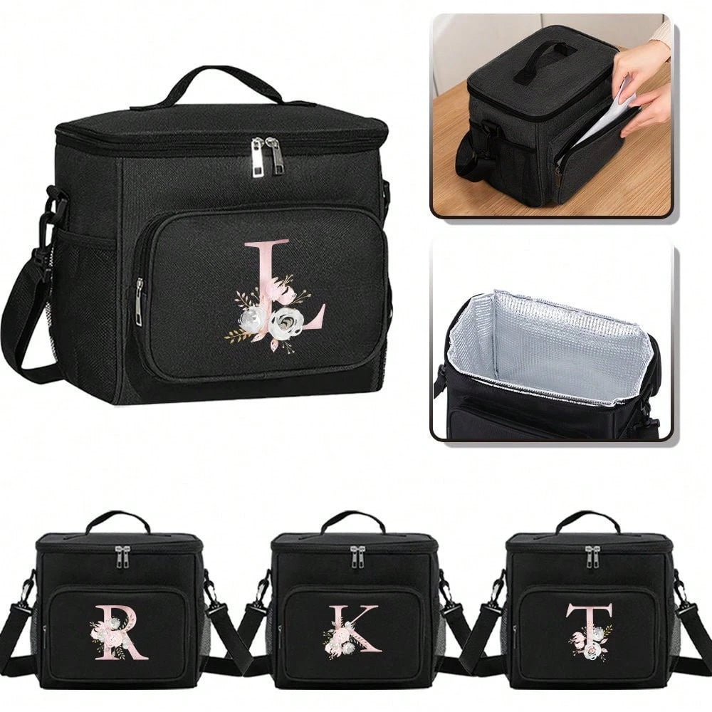 A-Z Initial Floral Print Canvas Insulated Lunch Bag, Large Capacity Shoulder Tote Bag For Women, Suitable For Office, School, Picnic, Camping, Travel, Lunch Box, Stationery Accessories