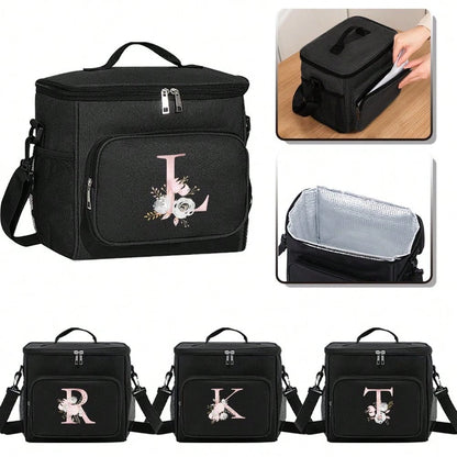 A-Z Initial Floral Print Canvas Insulated Lunch Bag, Large Capacity Shoulder Tote Bag For Women, Suitable For Office, School, Picnic, Camping, Travel, Lunch Box, Stationery Accessories