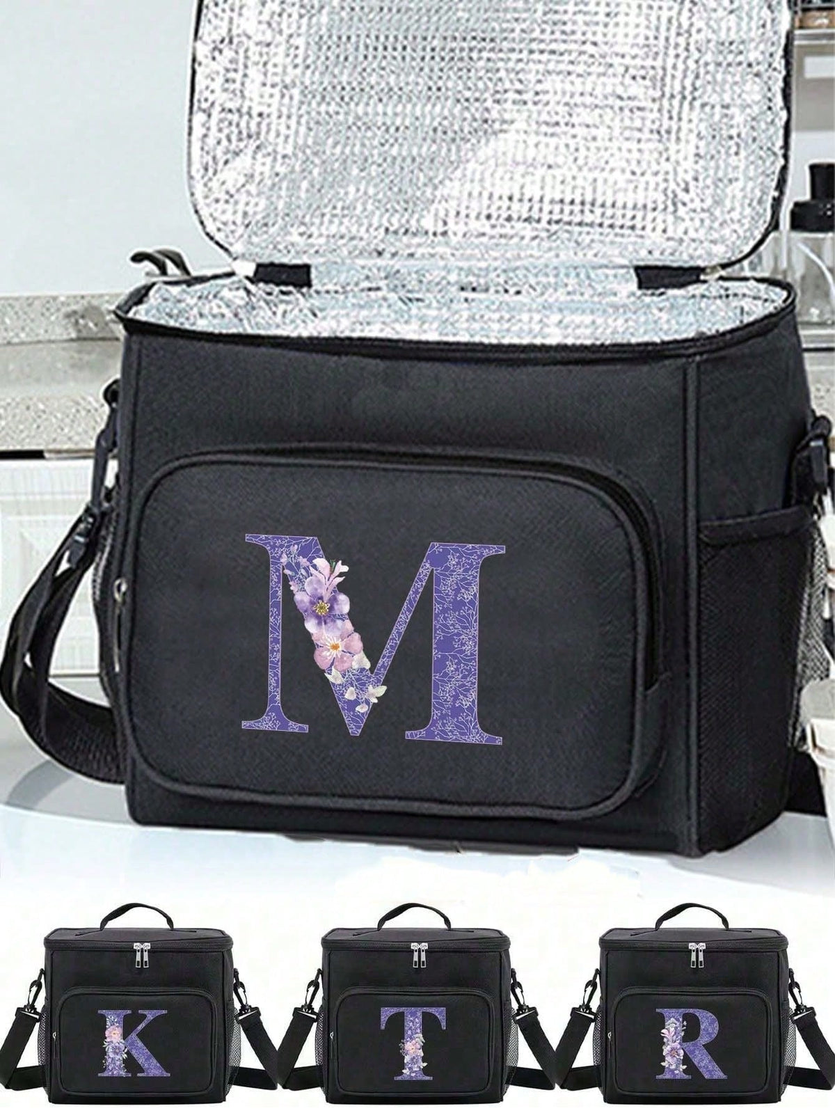 A-Z Initial Floral Print Canvas Insulated Lunch Bag, Large Capacity Shoulder Tote Bag For Women, Suitable For Office, School, Picnic, Camping, Travel, Lunch Box, Stationery Accessories