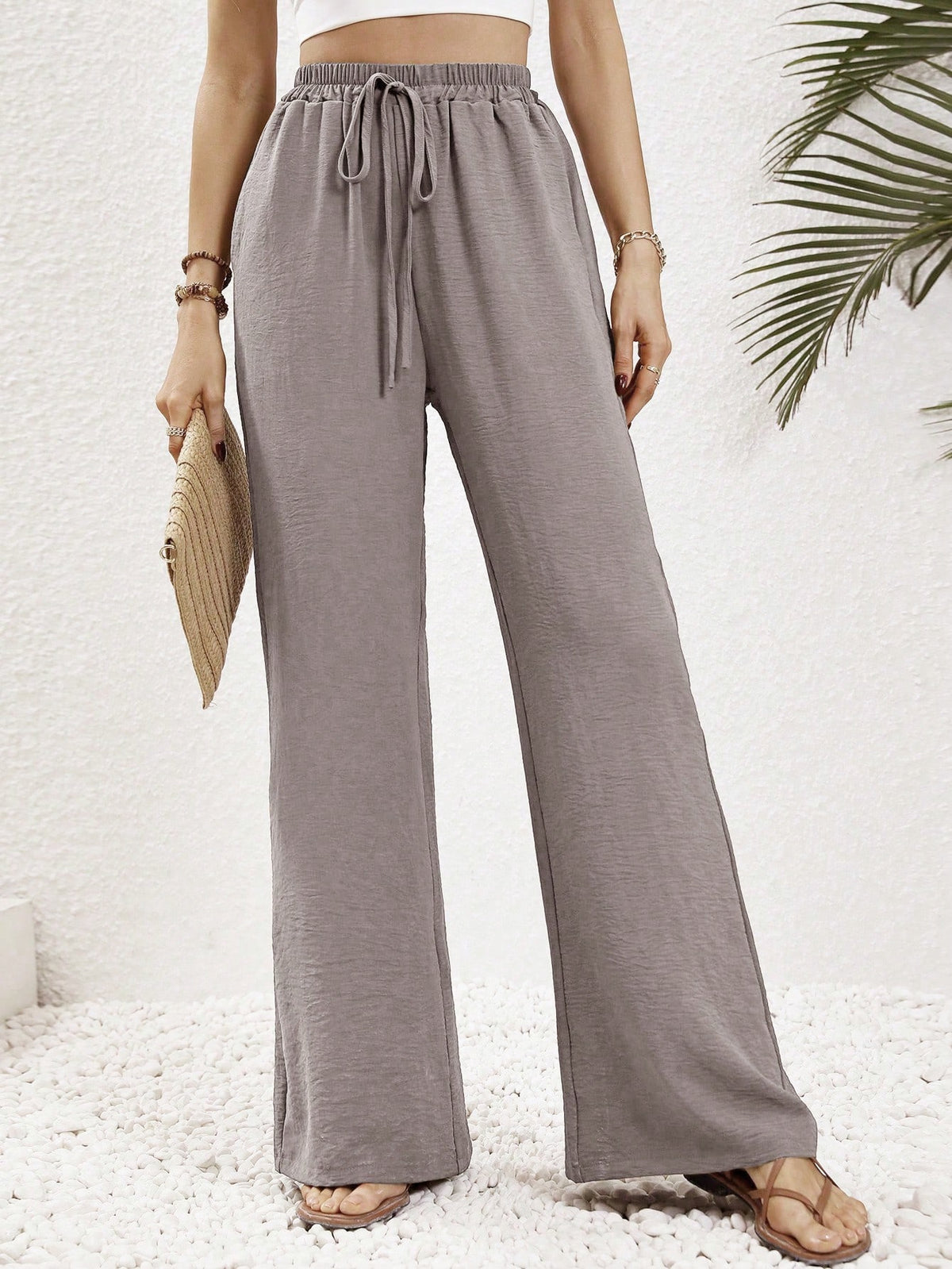 Aalyst Women's Plain Simple Style Belted 7/9 Length Pants For Daily Wear Fall Cloth For Women
