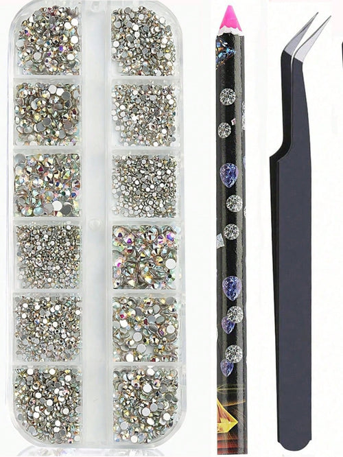AB Crystal Nail Art Rhinestone Set- Multi-Size Flat Gems With Tweezers And Pen, Suitable For DIY Nail Decoration, Odorless, Nail Jewelry Nails Nail Supplies Nail Charms