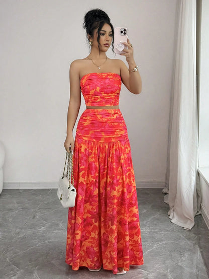 abyoxi Women's Orange & Red Floral Print Strapless Ruched Crop Top + Flowing Maxi Skirt 2-Piece Set, Suitable For Dates, Formal Evenings, Holidays, Spring/Summer Crop Top & Maxi Skirt Set Elegant