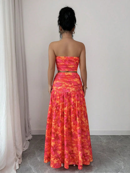 abyoxi Women's Orange & Red Floral Print Strapless Ruched Crop Top + Flowing Maxi Skirt 2-Piece Set, Suitable For Dates, Formal Evenings, Holidays, Spring/Summer Crop Top & Maxi Skirt Set Elegant