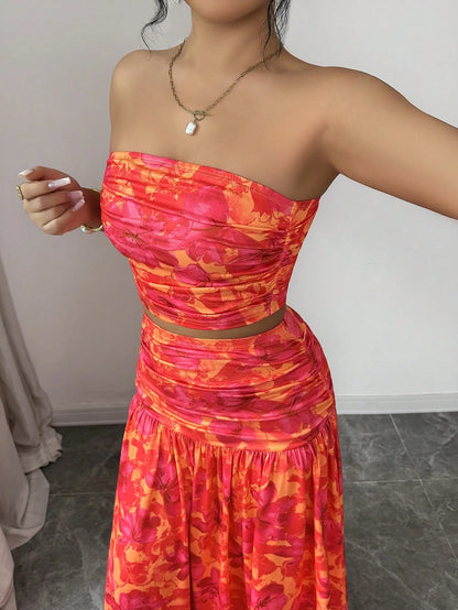 abyoxi Women's Orange & Red Floral Print Strapless Ruched Crop Top + Flowing Maxi Skirt 2-Piece Set, Suitable For Dates, Formal Evenings, Holidays, Spring/Summer Crop Top & Maxi Skirt Set Elegant