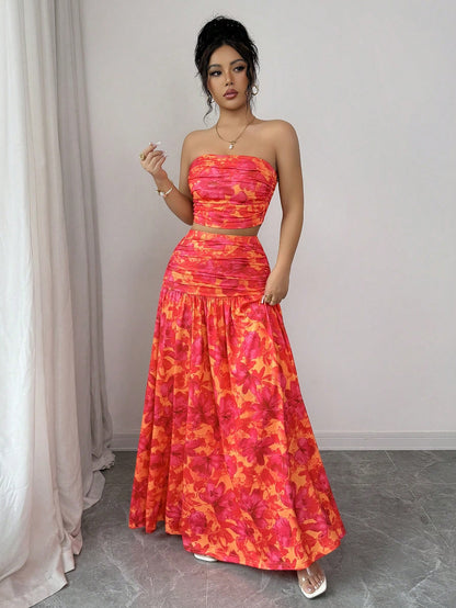 abyoxi Women's Orange & Red Floral Print Strapless Ruched Crop Top + Flowing Maxi Skirt 2-Piece Set, Suitable For Dates, Formal Evenings, Holidays, Spring/Summer Crop Top & Maxi Skirt Set Elegant