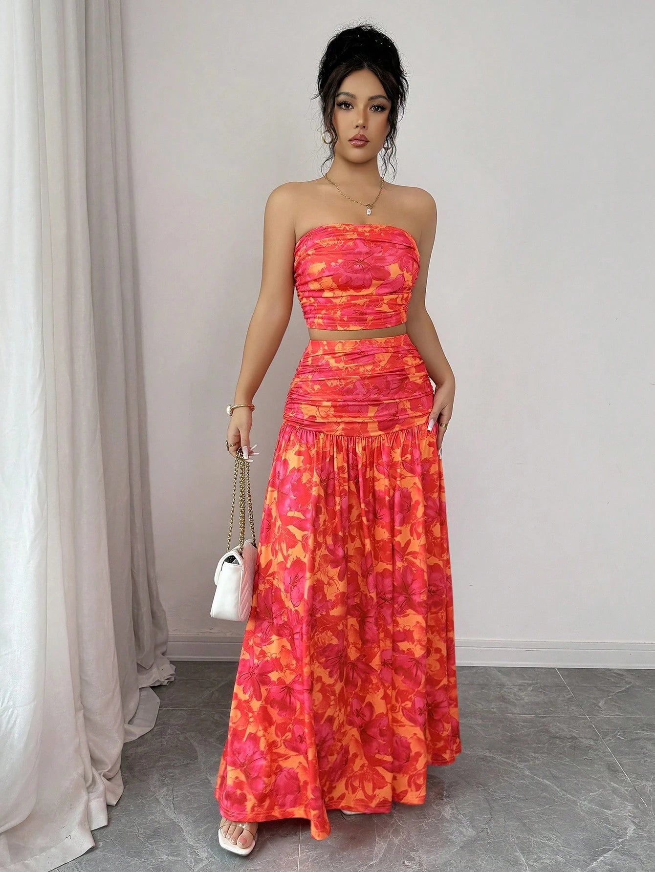 abyoxi Women's Orange & Red Floral Print Strapless Ruched Crop Top + Flowing Maxi Skirt 2-Piece Set, Suitable For Dates, Formal Evenings, Holidays, Spring/Summer Crop Top & Maxi Skirt Set Elegant
