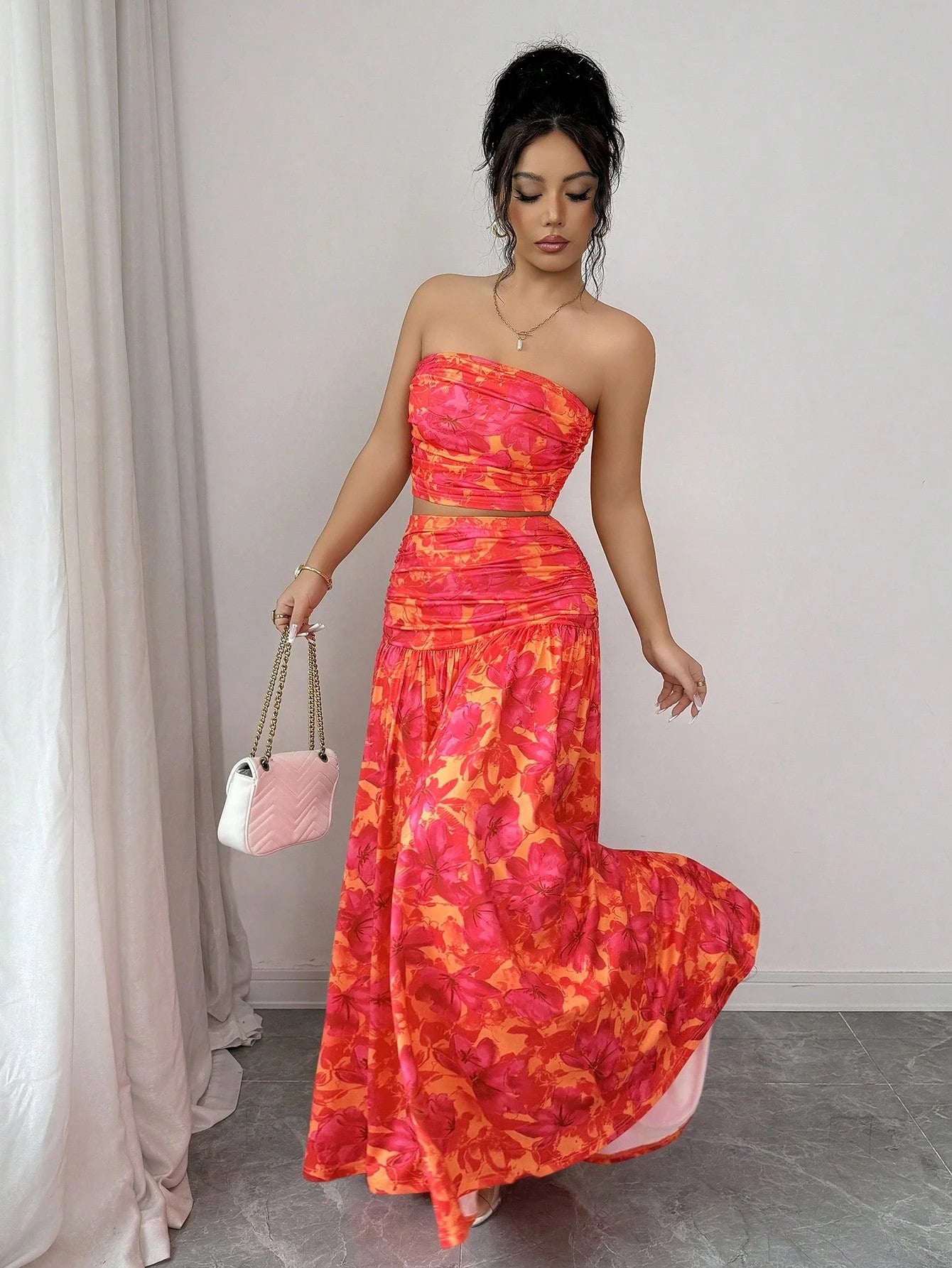 abyoxi Women's Orange & Red Floral Print Strapless Ruched Crop Top + Flowing Maxi Skirt 2-Piece Set, Suitable For Dates, Formal Evenings, Holidays, Spring/Summer Crop Top & Maxi Skirt Set Elegant