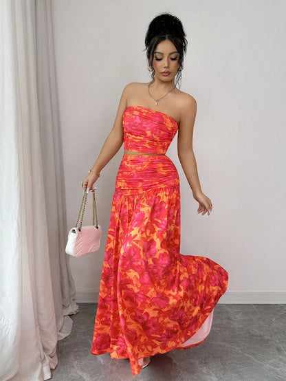 abyoxi Women's Orange & Red Floral Print Strapless Ruched Crop Top + Flowing Maxi Skirt 2-Piece Set, Suitable For Dates, Formal Evenings, Holidays, Spring/Summer Crop Top & Maxi Skirt Set Elegant