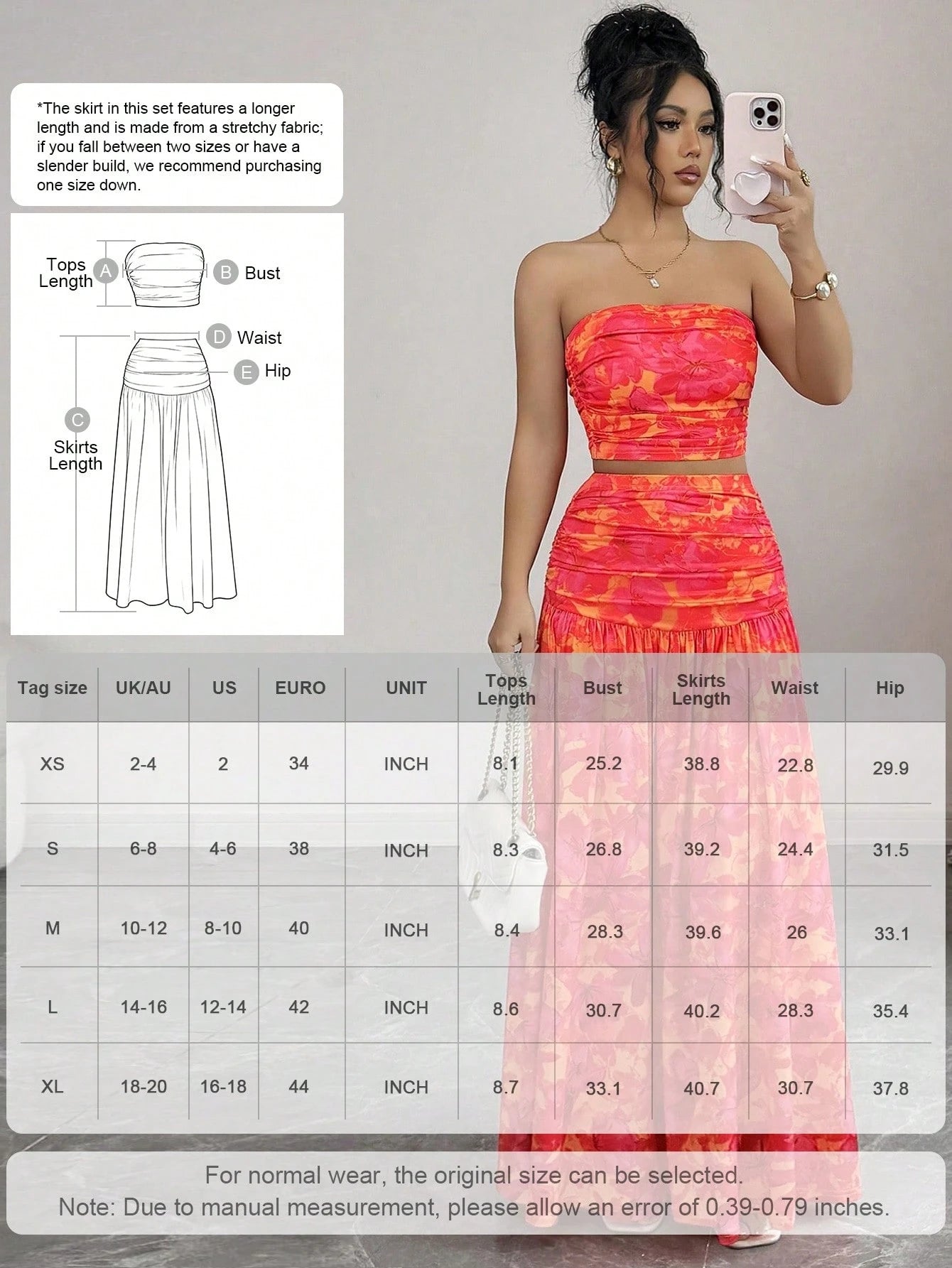 abyoxi Women's Orange & Red Floral Print Strapless Ruched Crop Top + Flowing Maxi Skirt 2-Piece Set, Suitable For Dates, Formal Evenings, Holidays, Spring/Summer Crop Top & Maxi Skirt Set Elegant