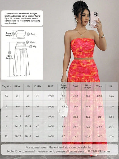 abyoxi Women's Orange & Red Floral Print Strapless Ruched Crop Top + Flowing Maxi Skirt 2-Piece Set, Suitable For Dates, Formal Evenings, Holidays, Spring/Summer Crop Top & Maxi Skirt Set Elegant
