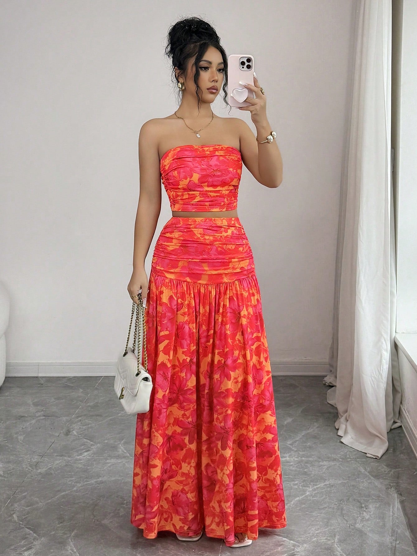 abyoxi Women's Orange & Red Floral Print Strapless Ruched Crop Top + Flowing Maxi Skirt 2-Piece Set, Suitable For Dates, Formal Evenings, Holidays, Spring/Summer Crop Top & Maxi Skirt Set Elegant