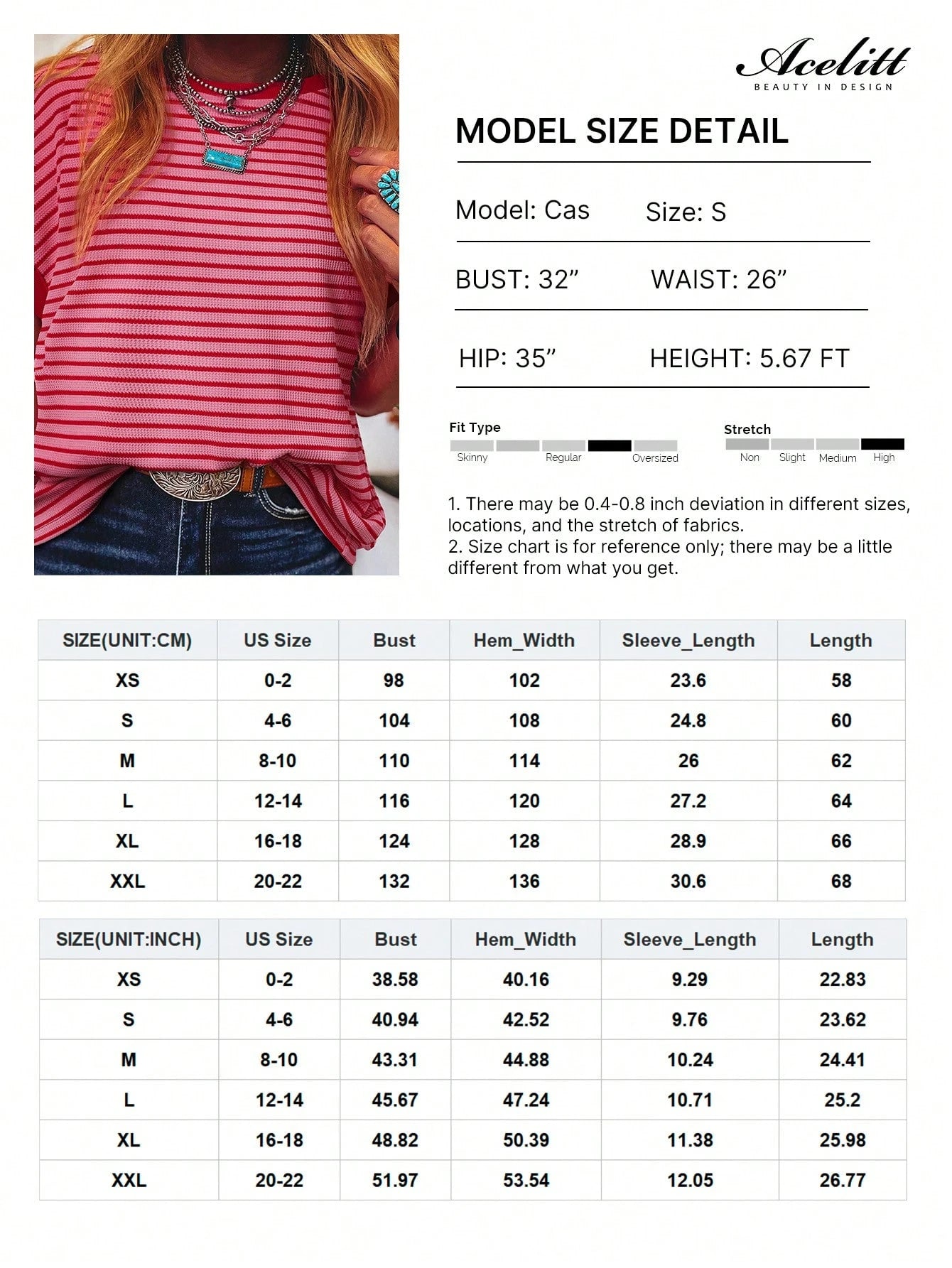 Acelitt Striped Contrast Color Shoulder Short Sleeve Knit Casual Round Neck T-Shirt, Summer Pink