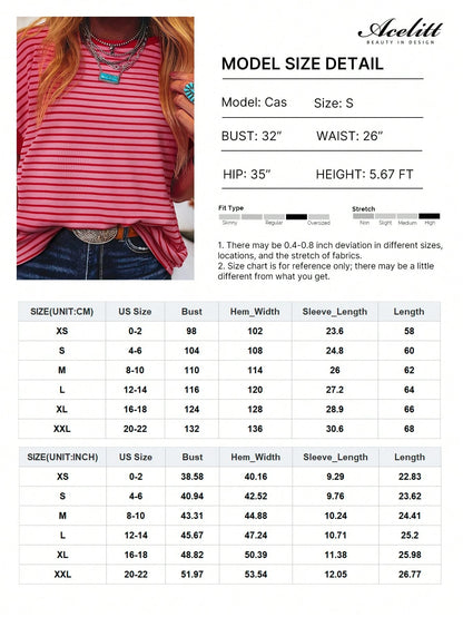 Acelitt Striped Contrast Color Shoulder Short Sleeve Knit Casual Round Neck T-Shirt, Summer Pink