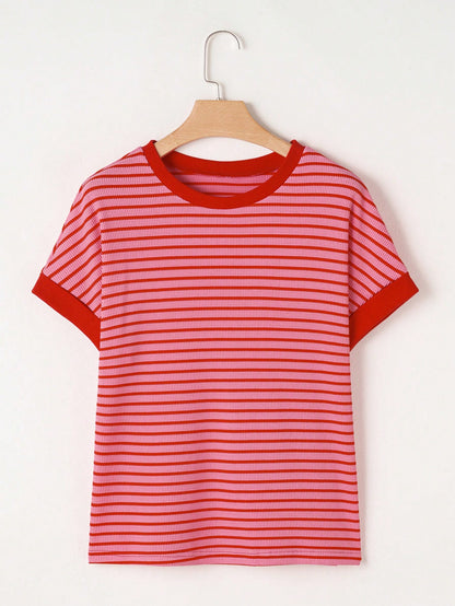 Acelitt Striped Contrast Color Shoulder Short Sleeve Knit Casual Round Neck T-Shirt, Summer Pink