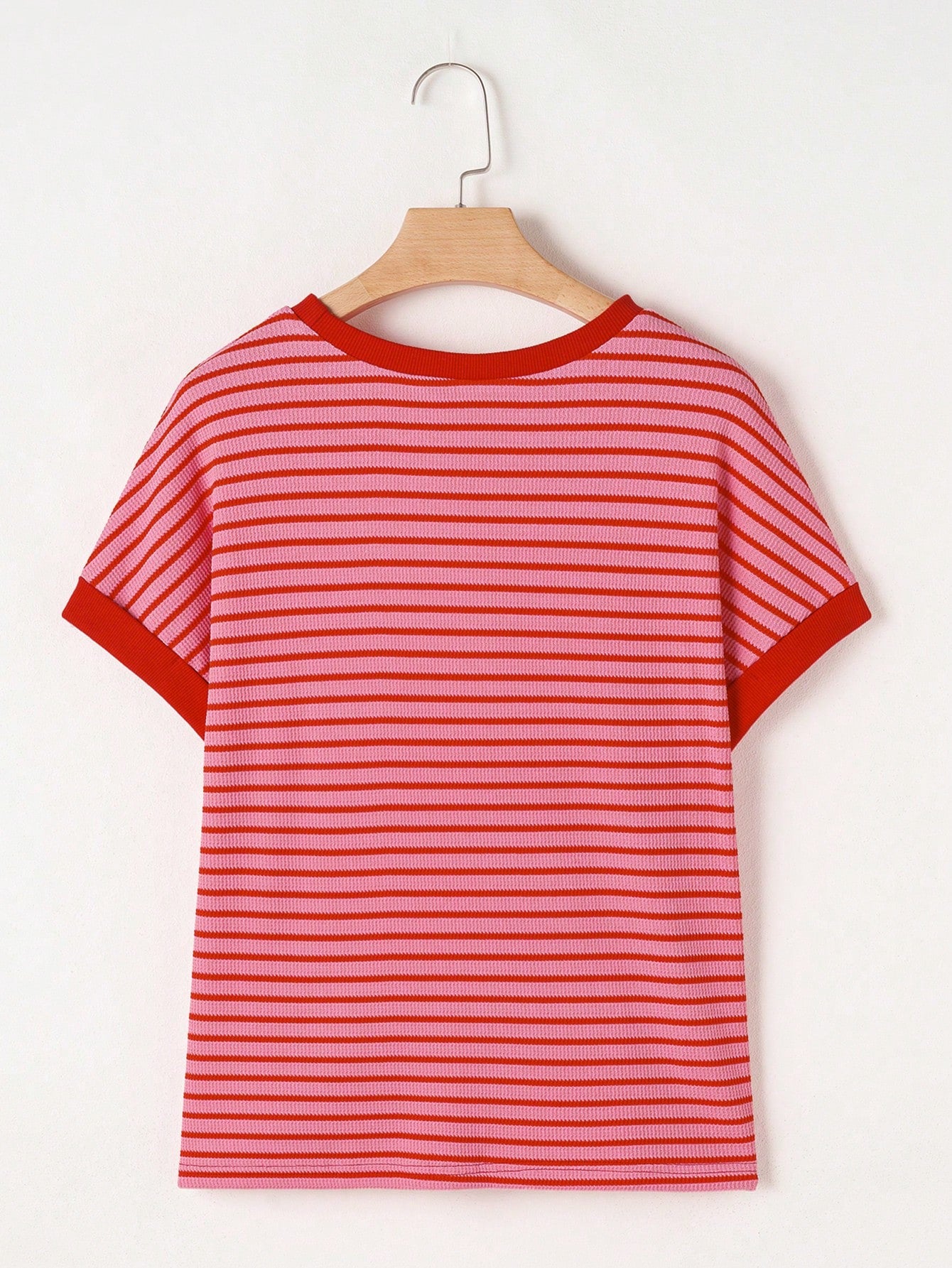 Acelitt Striped Contrast Color Shoulder Short Sleeve Knit Casual Round Neck T-Shirt, Summer Pink