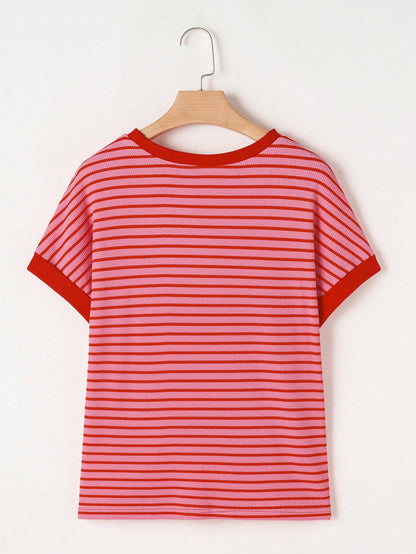 Acelitt Striped Contrast Color Shoulder Short Sleeve Knit Casual Round Neck T-Shirt, Summer Pink