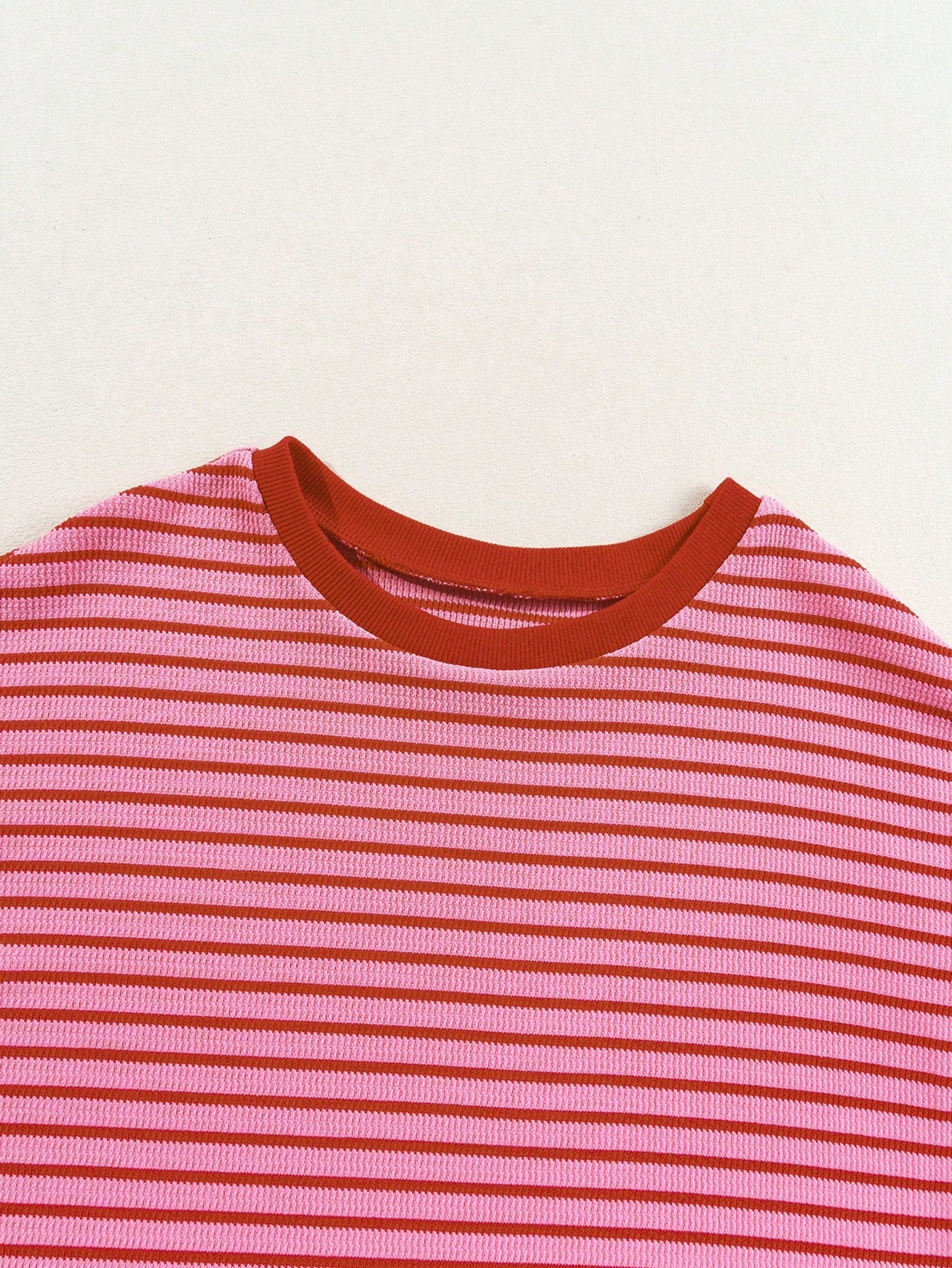Acelitt Striped Contrast Color Shoulder Short Sleeve Knit Casual Round Neck T-Shirt, Summer Pink