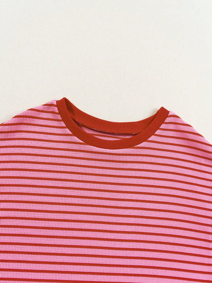 Acelitt Striped Contrast Color Shoulder Short Sleeve Knit Casual Round Neck T-Shirt, Summer Pink