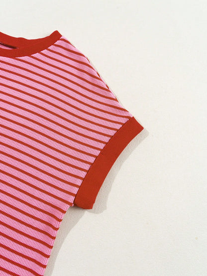 Acelitt Striped Contrast Color Shoulder Short Sleeve Knit Casual Round Neck T-Shirt, Summer Pink