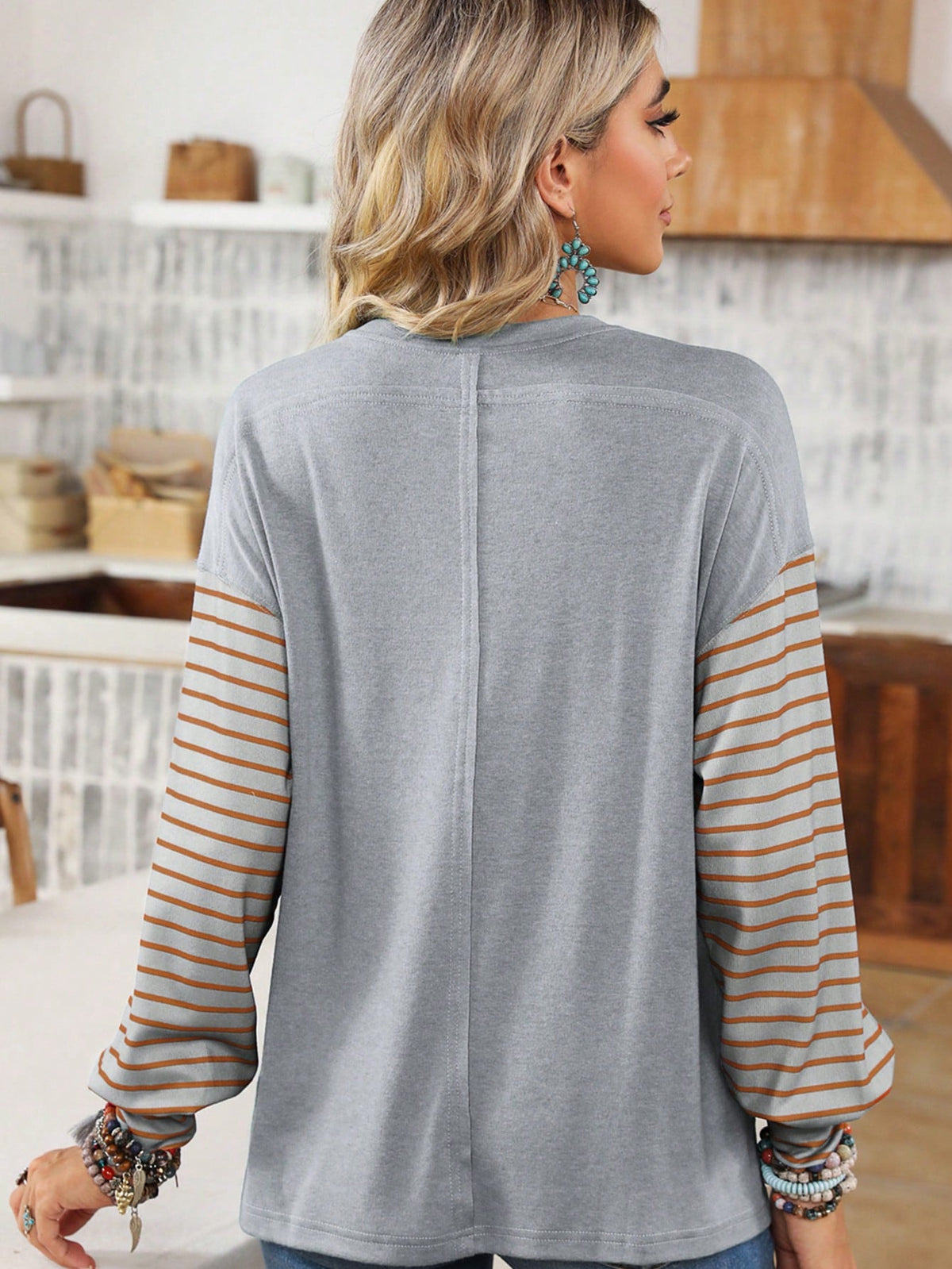 Acelitt Striped Patchwork Bishop Sleeve Crew Neck Casual Loose Top T-Shirt
