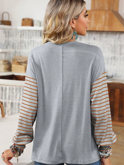 Acelitt Striped Patchwork Bishop Sleeve Crew Neck Casual Loose Top T-Shirt